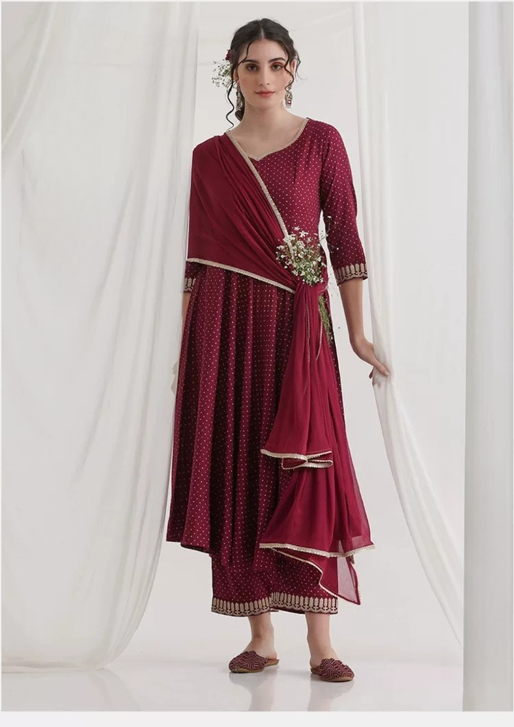 Women Maroon Ethnic Kurta Set  - Summer Clothing India ulasan dan harga
