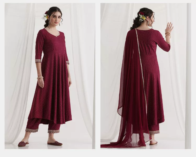 Women Maroon Ethnic Kurta Set  - Summer Clothing India ulasan dan harga
