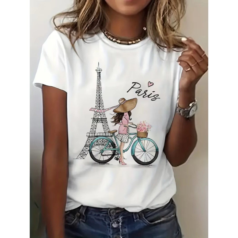 Y2k Paris Girl with Bike Print - Summer Clothing In Paris ulasan dan harga